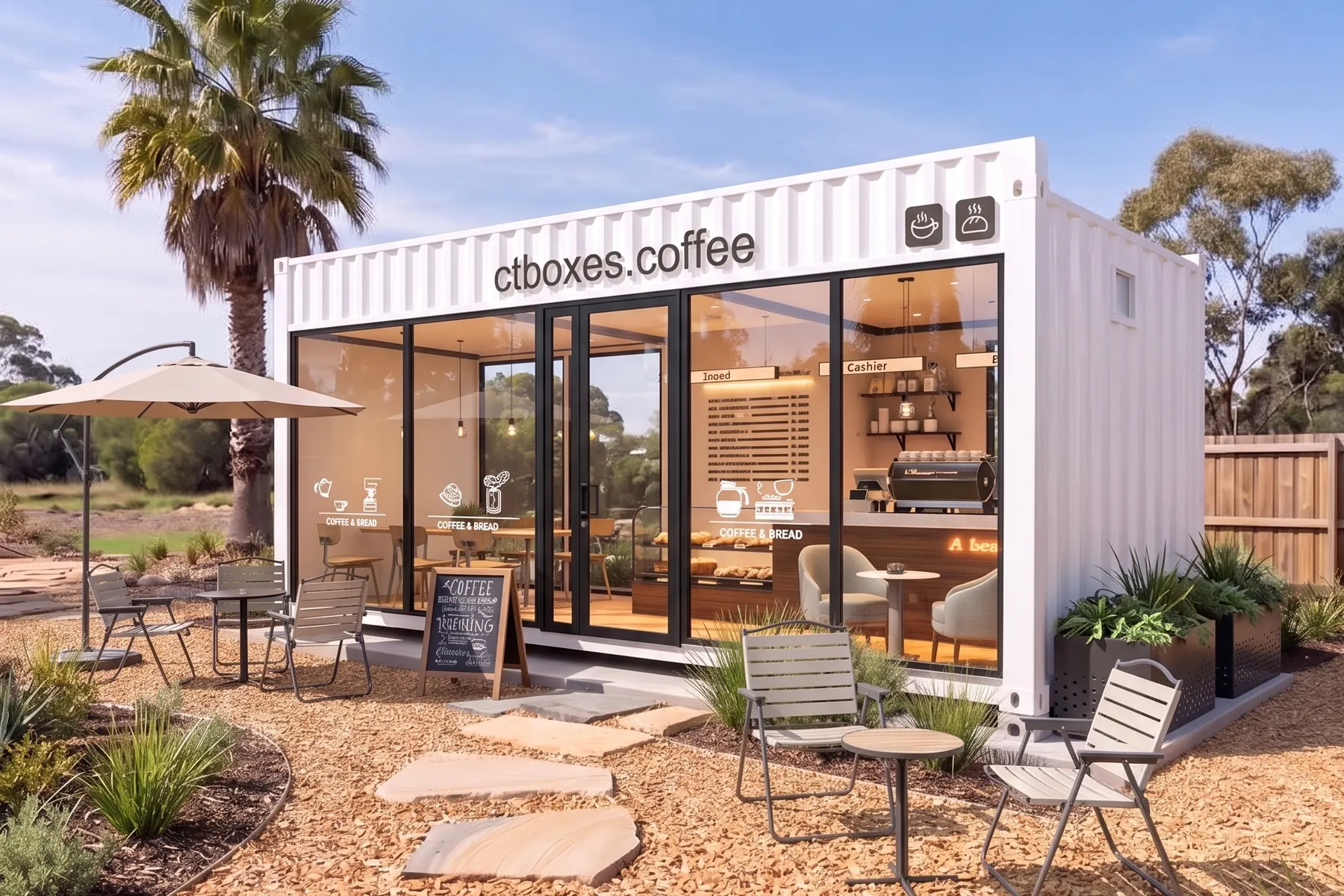 Finished 20ft white container cafe with full glass frontage, outdoor seating and landscaped garden
