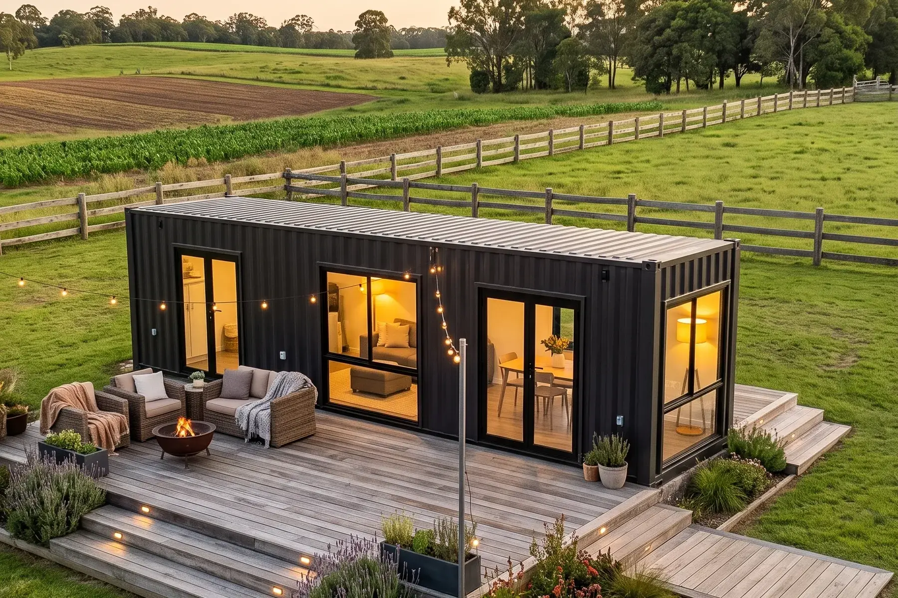 Finished Lima 40ft modular home in black on acreage at dusk with timber deck and fire pit