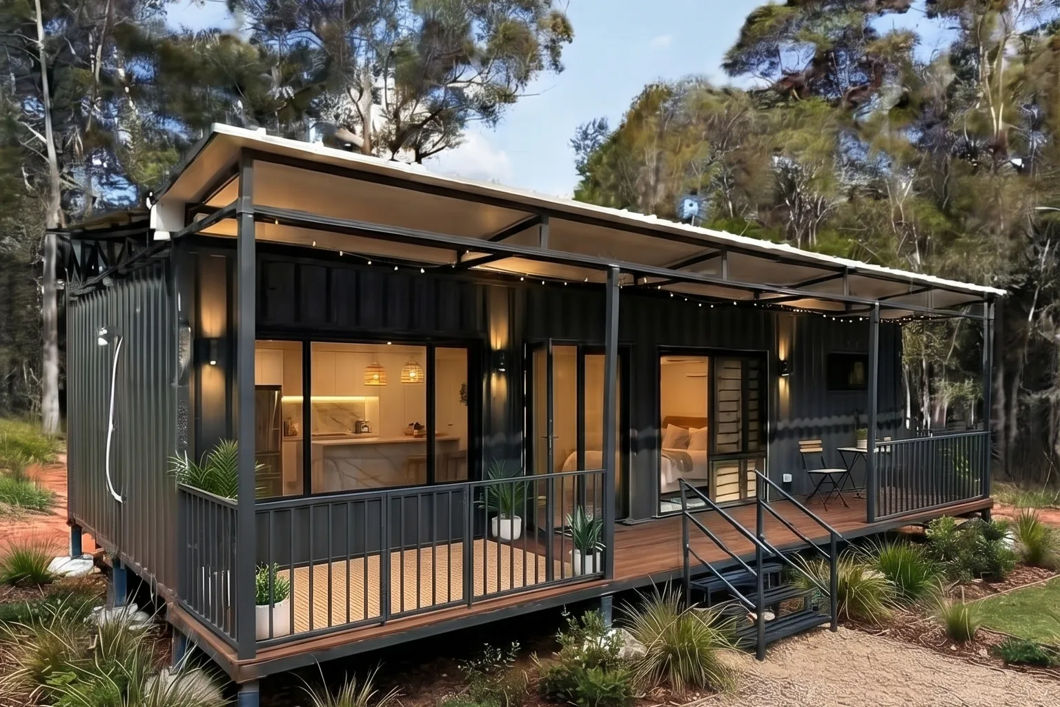 Finished Lima 40ft modular home in charcoal with a covered timber verandah in bushland
