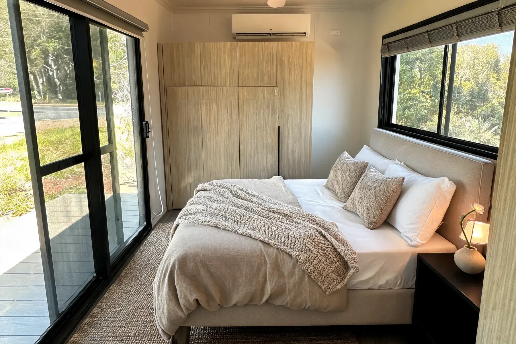 Finished guest bedroom with linen bedding, built in wardrobes and sliding doors to the deck