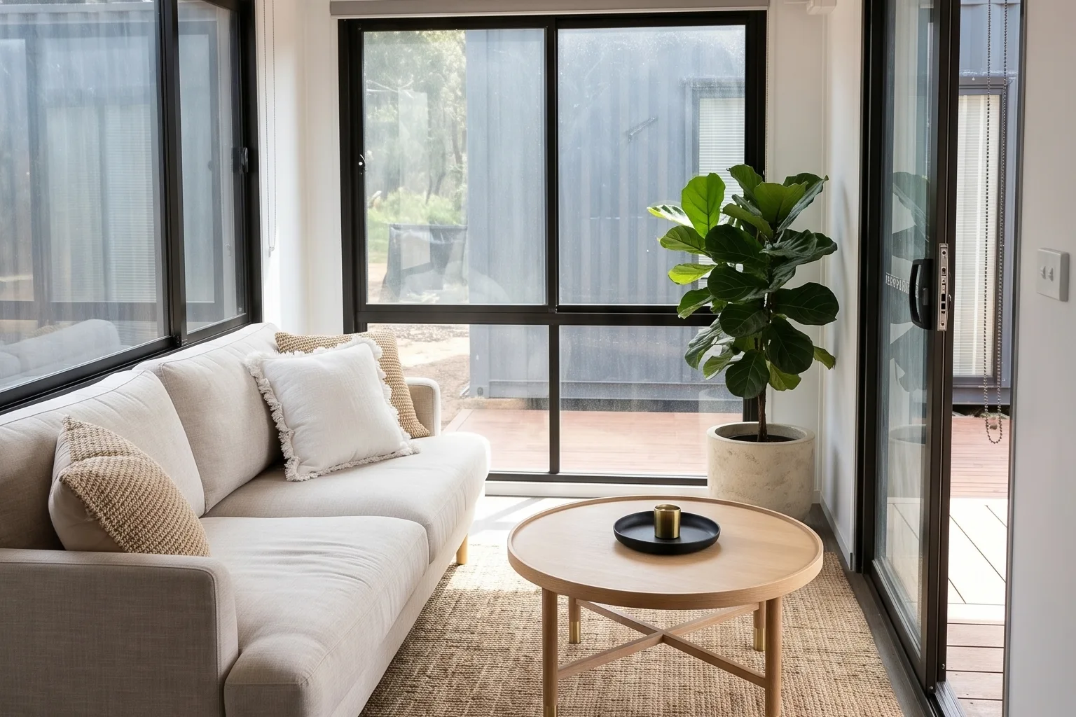 Finished open plan interior with black frame aluminium sliding doors opening to a timber deck