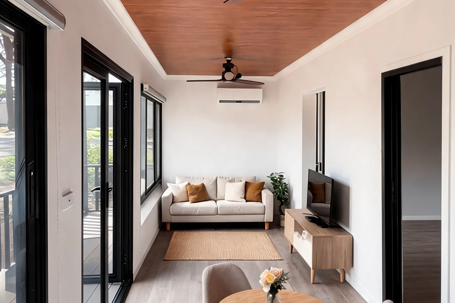Finished living and dining area with timber look ceiling and black frame aluminium doors in a Lima modular home
